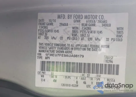 2010 Ford Explorer Limited from USA, damaged, VIN 1FMEU7FE9AUA98179